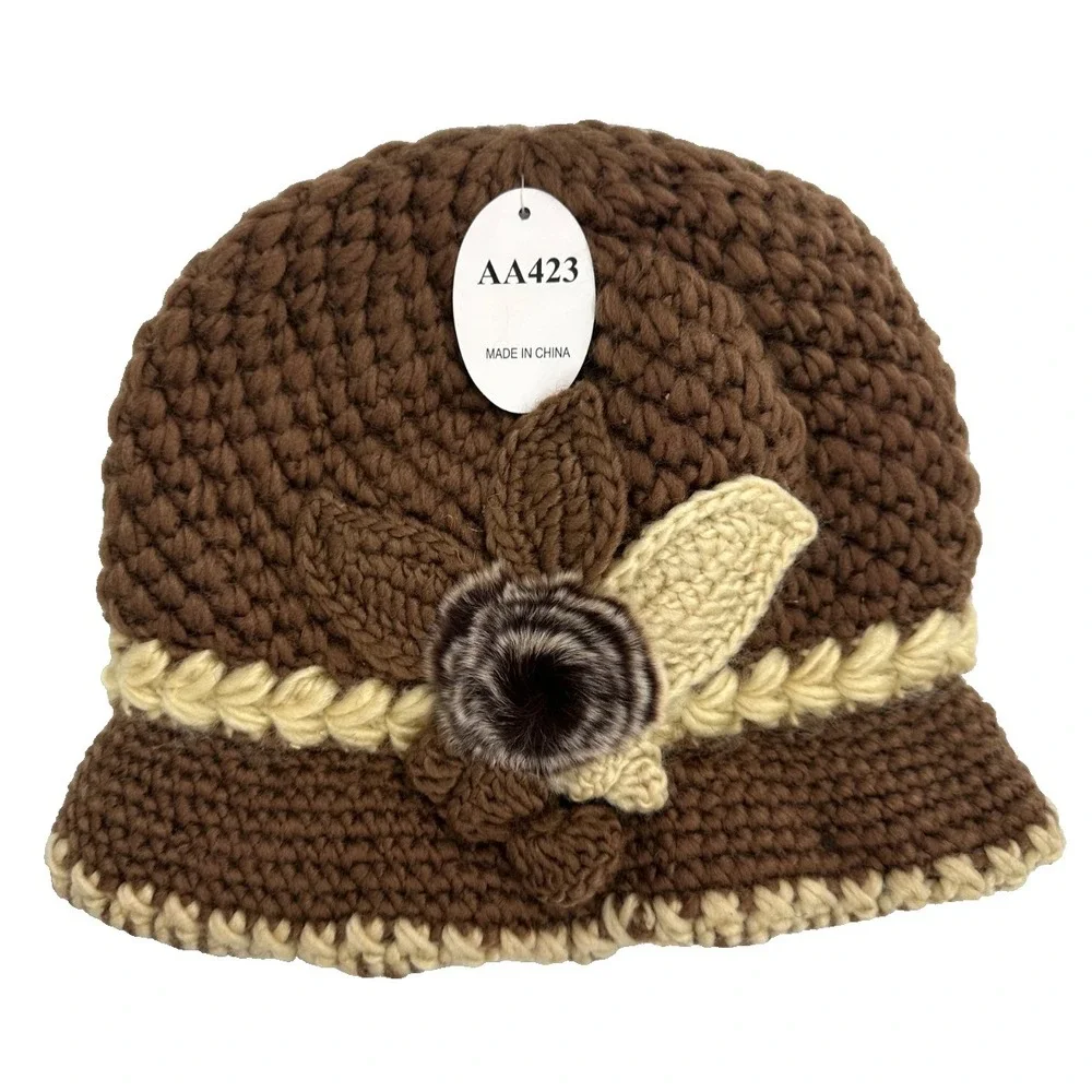 Women's Crochet Cloche Fleece Lined Winter Hat Faux Fur Flower Accent Brown Knit